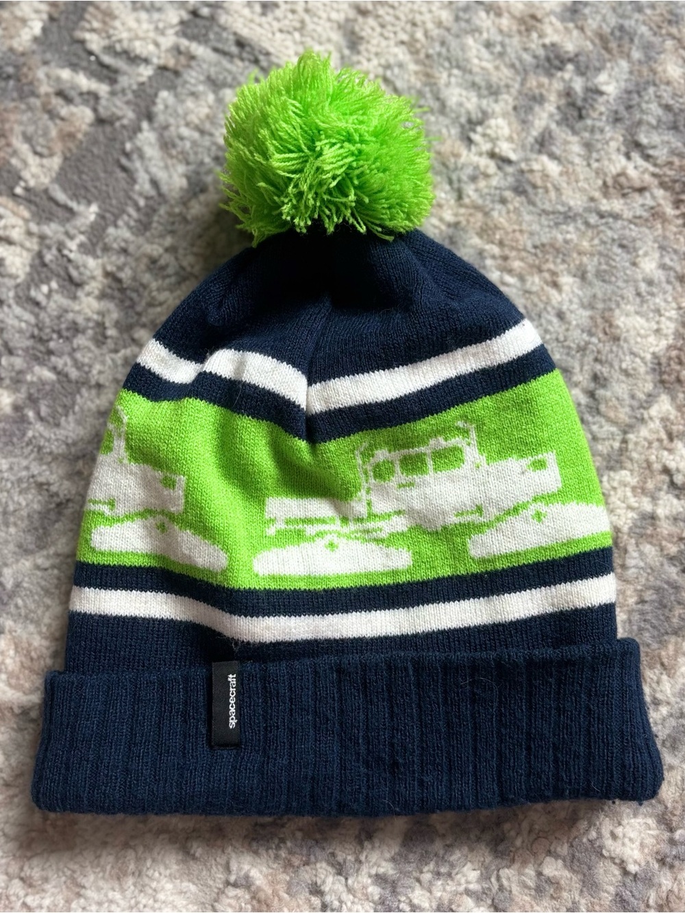 Sportscraft Navy and Bright Green Unisex Pom Pom Beanie with Vehicle Motif